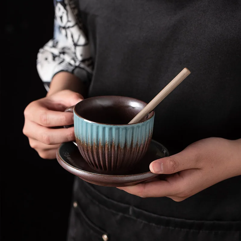 Japanese Retro Handmade Espresso Cup And Saucer Ceramic Set 220ml Striped Coffee Cup With Spoon And Saucer Set