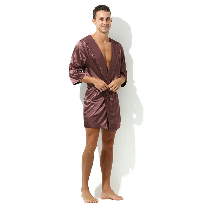 Hot Selling Men Summer Bathrobe Male Silk Short Sleeve Bath Robe Sexy Mens Dressing Gown Bathrobes(No shorts)