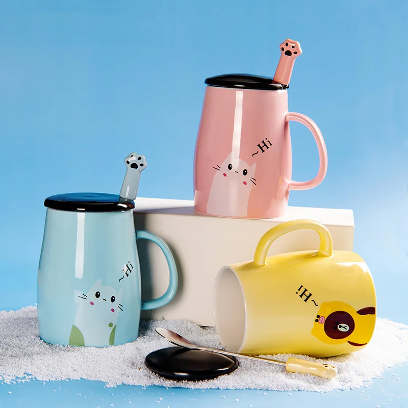 Zogift Cute Cat Style Ceramic Mugs Lid Spoon Cartoon Creative Morning Mug Milk Coffee Tea Unique Porcelain Coffee Mugs