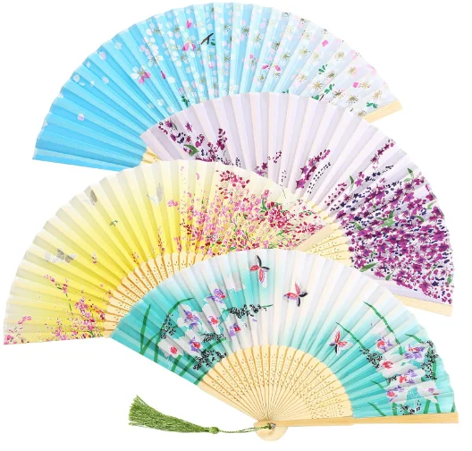 Handheld Floral Folding Fans Hand Held Fans Silk Women Hollowed Hand Foldable Bamboo Fans with Tassel