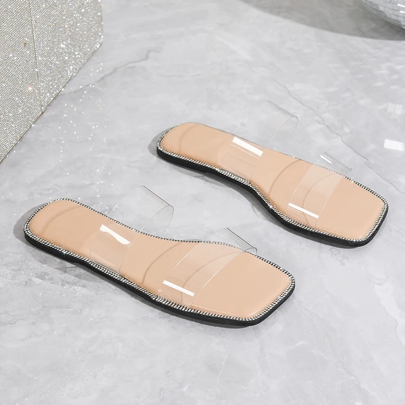 2024 High Quality Ladies Flat Sandals Clear Rhinestone Open Toe Slide Design Summer Outdoor Platform Oxford Outsole PVC Insole