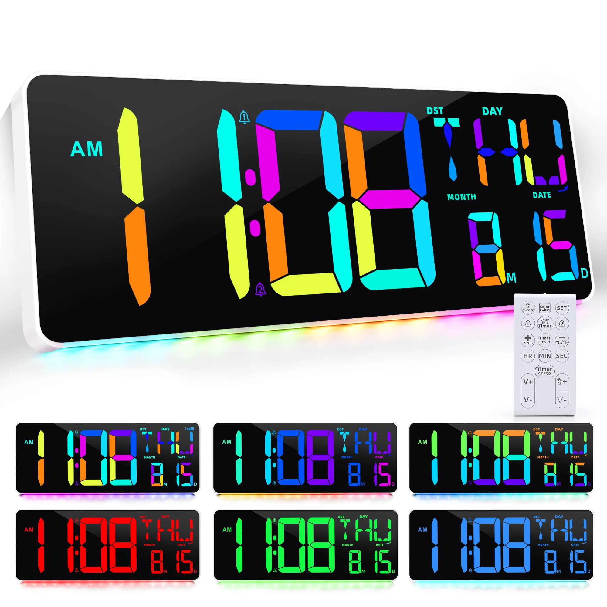 13.7-inch Large Electronic Alarm Clock with 9 Colors Base Light Digital Wall Clock with 2 Alarms Color Change Digital Clock