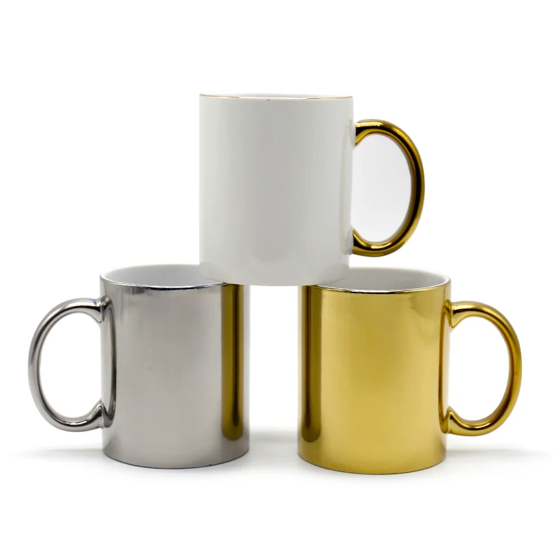 Wholesale 11oz Sublimation Plated Ceramic Coffee Mugs Blank Custom Mirror surface Cup With Handle Sparkle Gold Mug Silver Mug