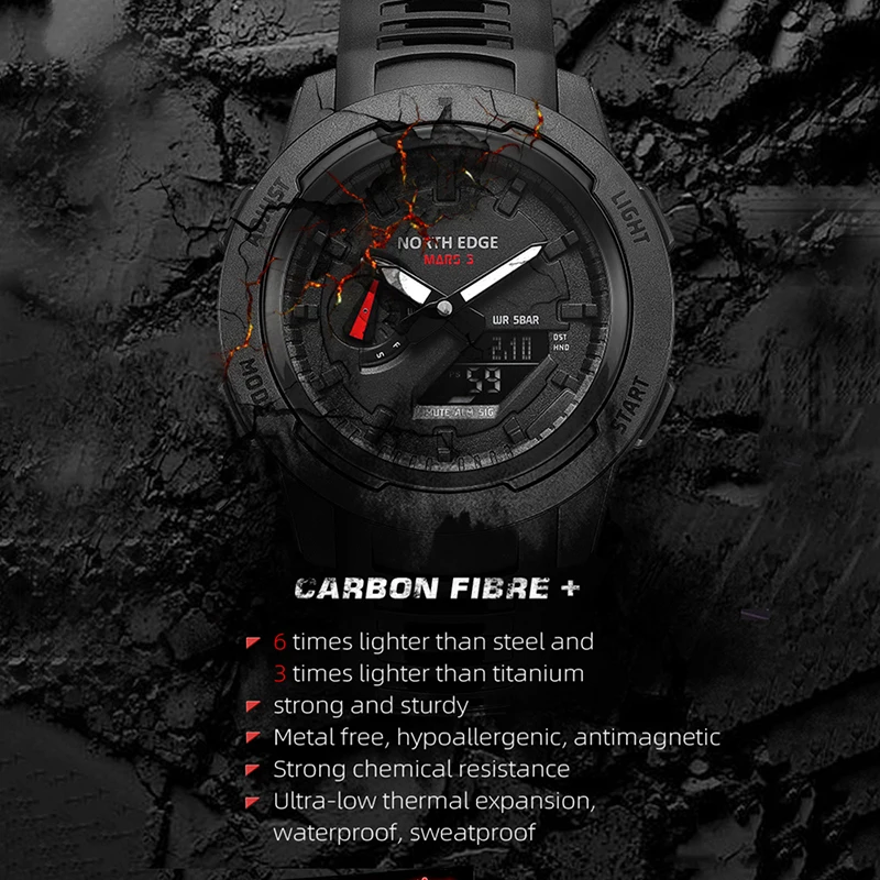 2023 NORTH EDGE New Outdoor Mountaineering AliExpress Hot Carbon Fiber Outdoor Sports Watch Waterproof 50M Smart Watch Mars 3