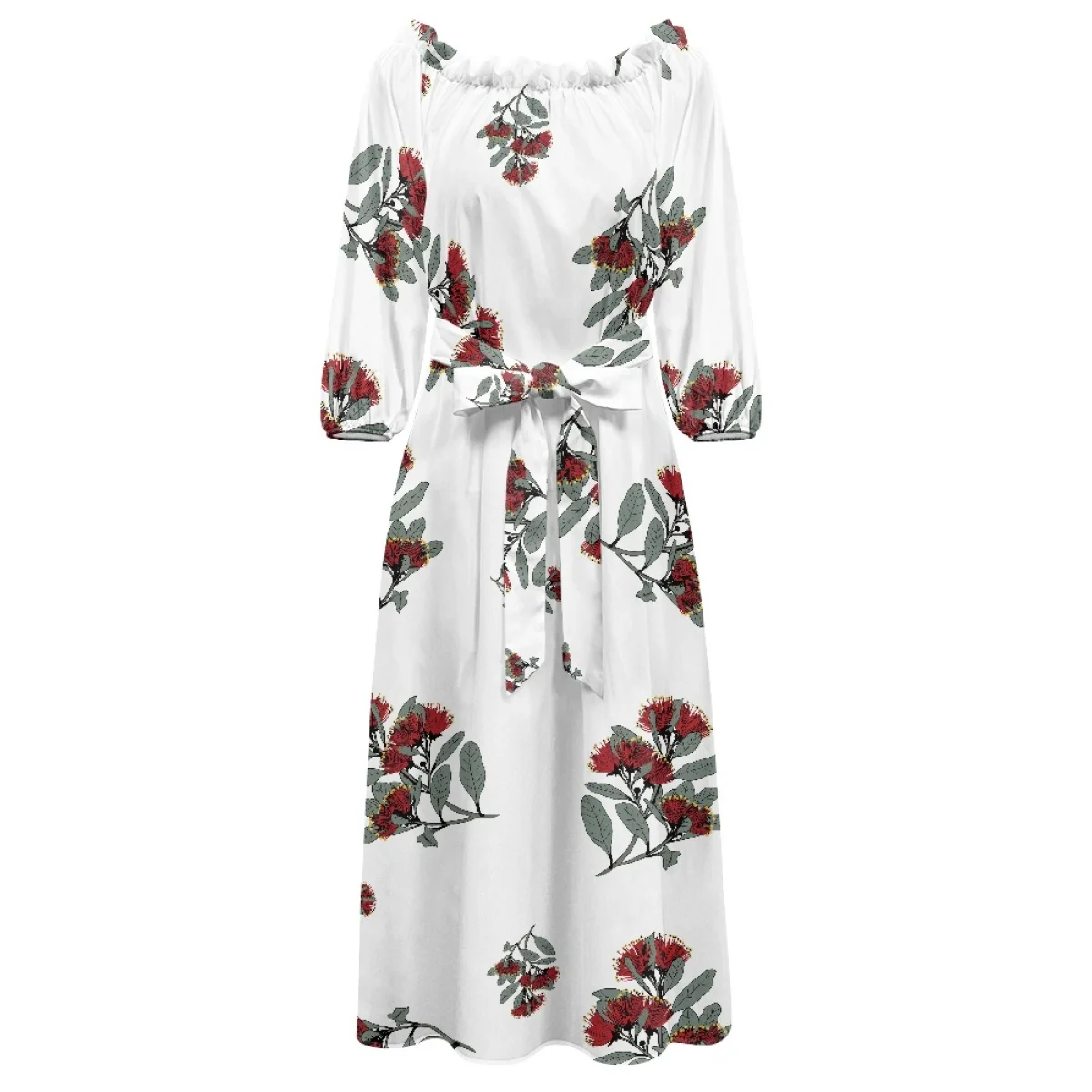 Custom Native Hawaiian Tribe Ohia Lehua Print Casual Dress Sublimation Hawaii Lehua Flower Dress Women Casual One-shoulder Dress