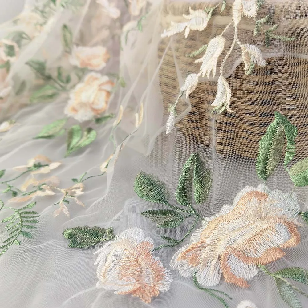 Hot selling 3d floral embroidered lace fabric 100%  polyester lace fabric for dress