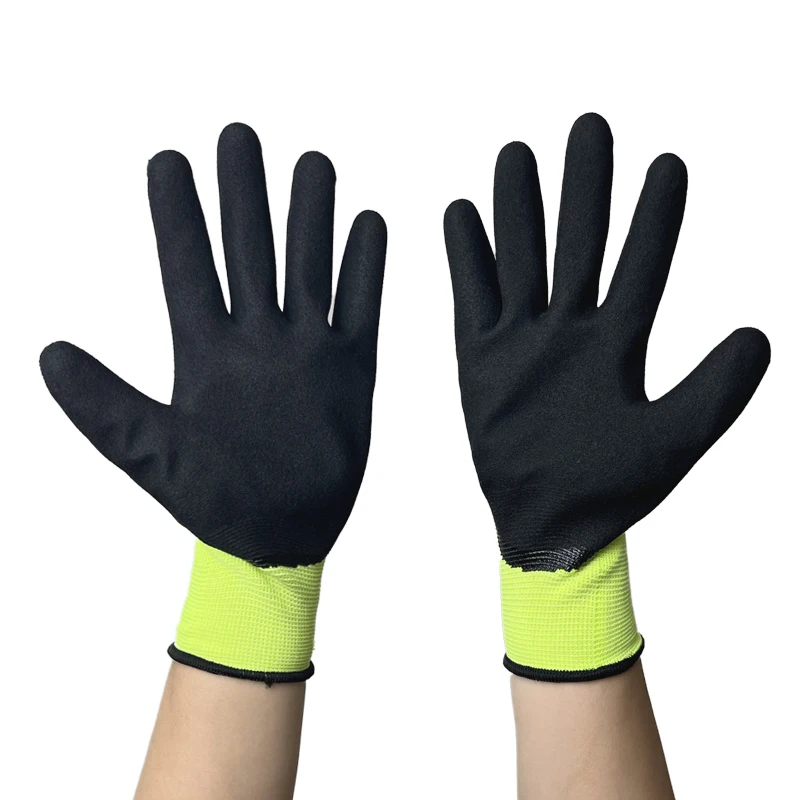 Cheap China 13G Hi-vis yellow polyester liner, black sandy nitrile palm coated gloves, double dipped Gloves For Industrial Use