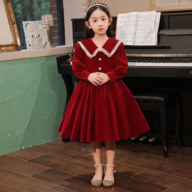 Spring Red Long Sleeve Flower Girl Wedding Dresses Kids Clothing Sets Princess Girls Party Ball Gown Pageant Dress