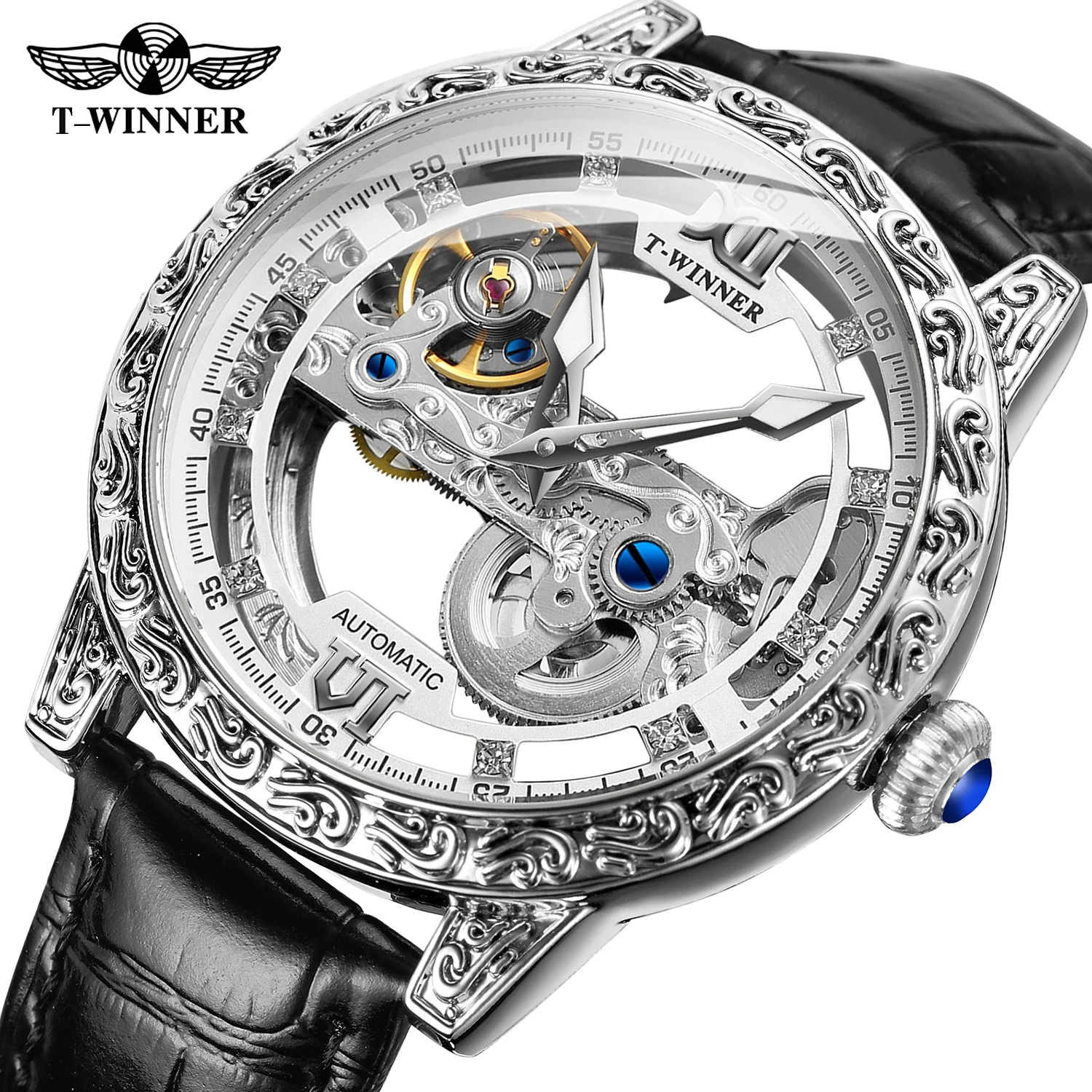 Winner Newest Gold Transparent Wrist Watches Luxury Man Reloj Montre Leather Skeleton Custom Mechanical Automatic Watch for Men