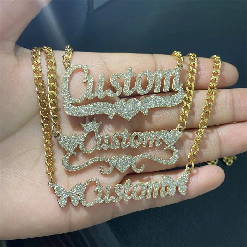 Customizable Stainless Steel 18K Gold Plated Letter Name Necklace - Personalized European and American  Cuba Sticker Name Nec