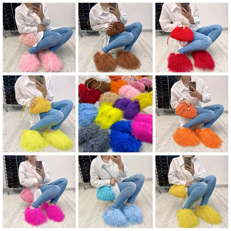 2023 Latest Fashion Fall Winter Mongolian Fur Slides House Slippers Fluffy For Women Sheep Fur Slippers
