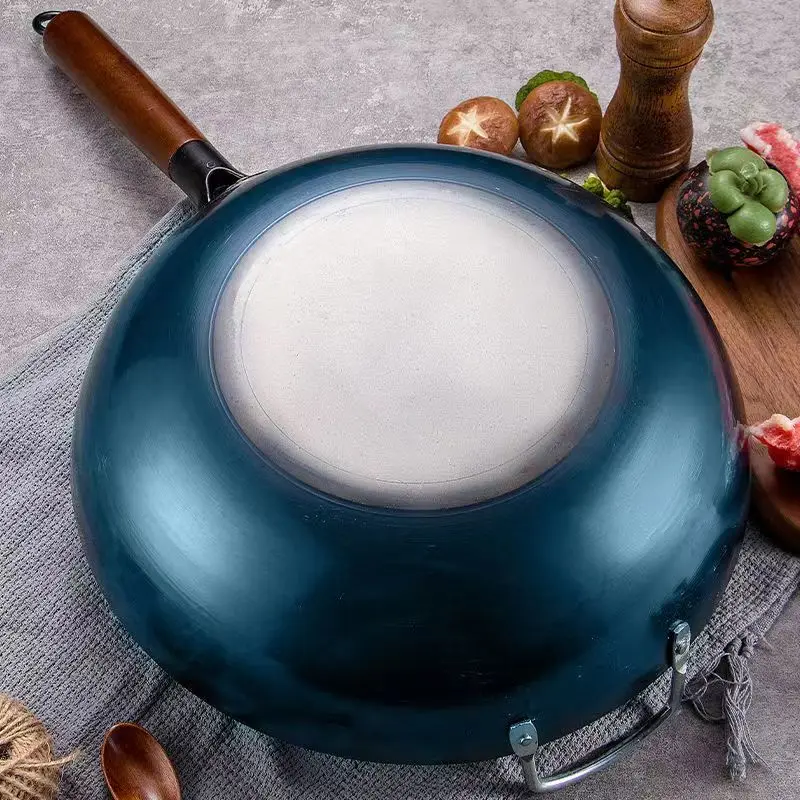 Ручка из красного дерева в китайском стиле, кованая посуда без покрытия, традиционный кухонный горшок, домашний железный горшок с плоским дном для кухни