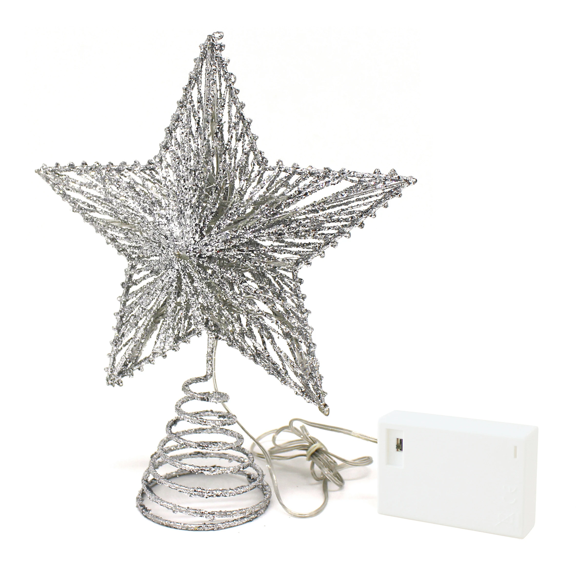 Silver Glittered 3D Tree Top Star with Warm White LED Lights and timer for Christmas Ornaments Decor