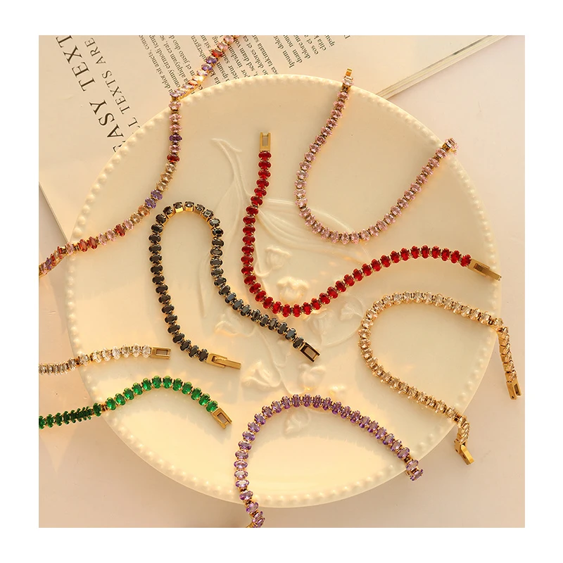 Wholesale Women Zirconia Tennis Chains Jewelry 18K Gold Plated Stainless Steel Rainbow Colorful Baguette Diamond Tennis Bracelet