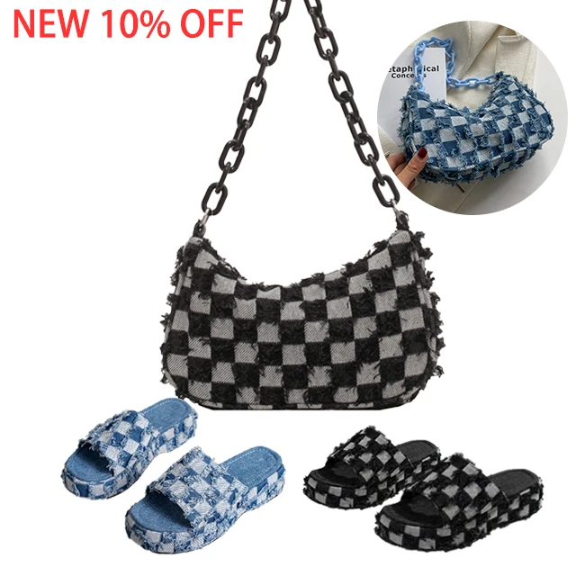 Новинка, Высококачественная сумка-Кроссбоди в клетку для подмышек, Модная Джинсовая уличная сумка в клетку, комплект женских тапочек