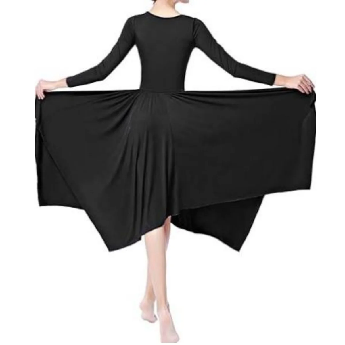Women Long Sleeve Praise Dance Dress Irregular Pleated Swing Skirt Latin Ballroom Dance Dress Lyrical Dancewear