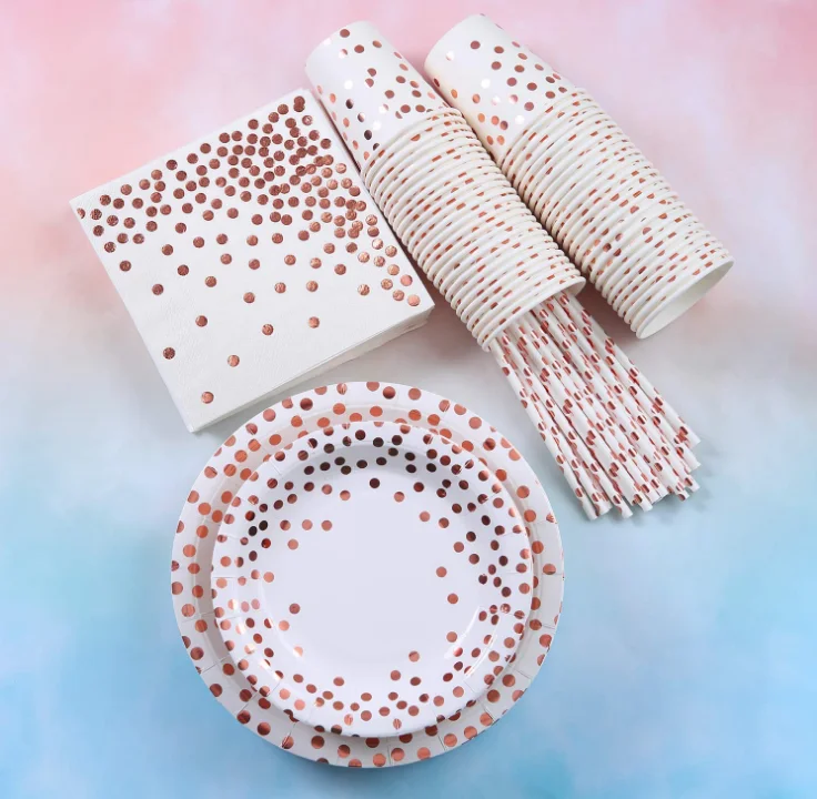 Disposable Tableware Gold Foil Pink Paper Plate Birthday Christmas Wedding Decor Kids Baby Shower Party Supplies
