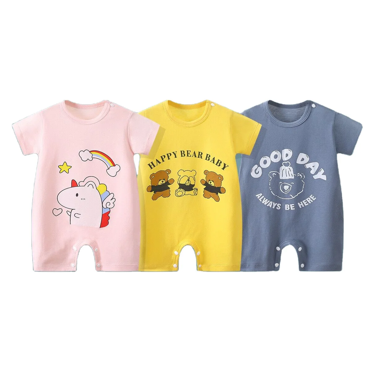 Оптовая продажа летняя удобная мягкая хлопковая одежда для новорожденных с коротким рукавом и мультяшным принтом Детский комбинезон мальчиков девочек