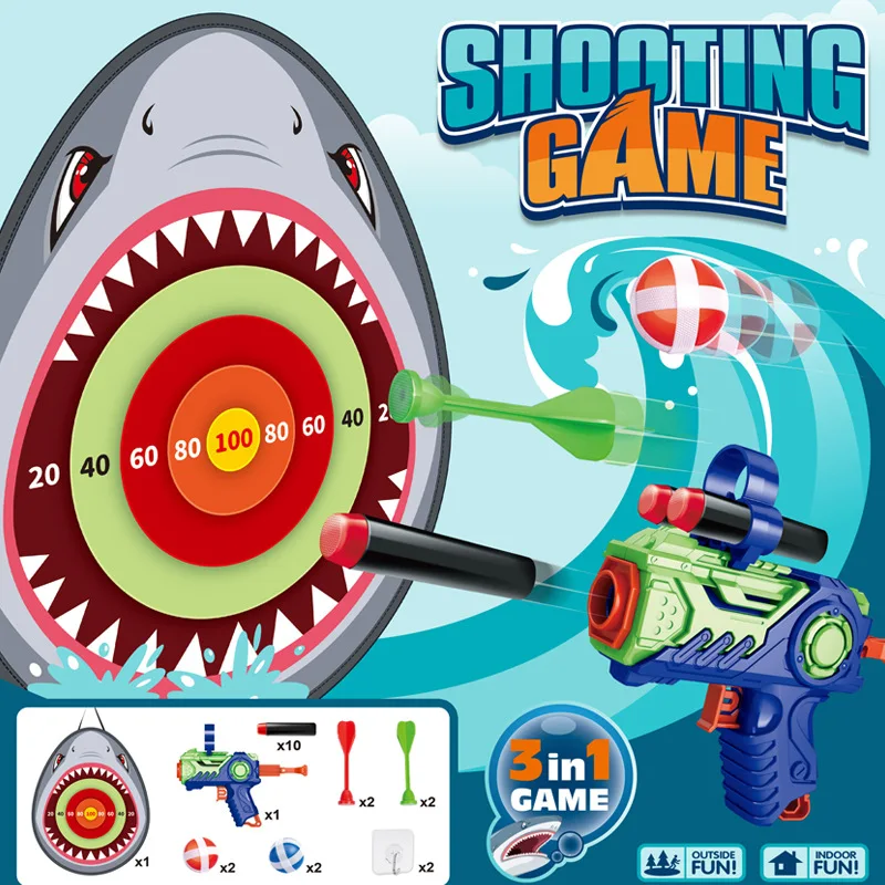 Children cartoon animal shark dart board with gun toy sticky ball target shooting game sports toys For Kids
