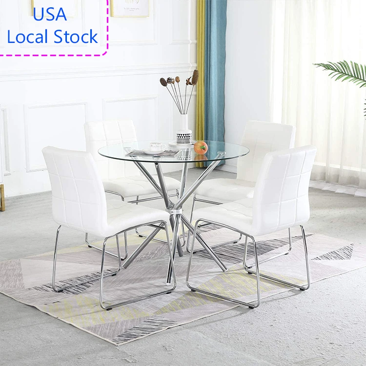 
Free FedEx UPS Shipping USA Local Stock Modern leather stainless steel dining kitchen living room 1 round table + 4 chairs Set 
