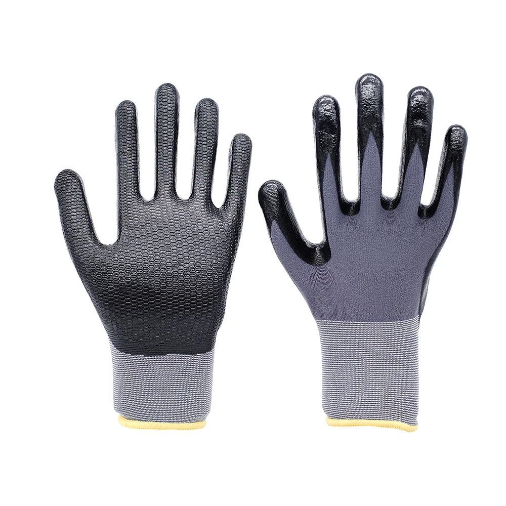 New Product 15G Grey Nylon And Spandex Black Micro Finish Coated Dipped Nitrile Safety  Glove