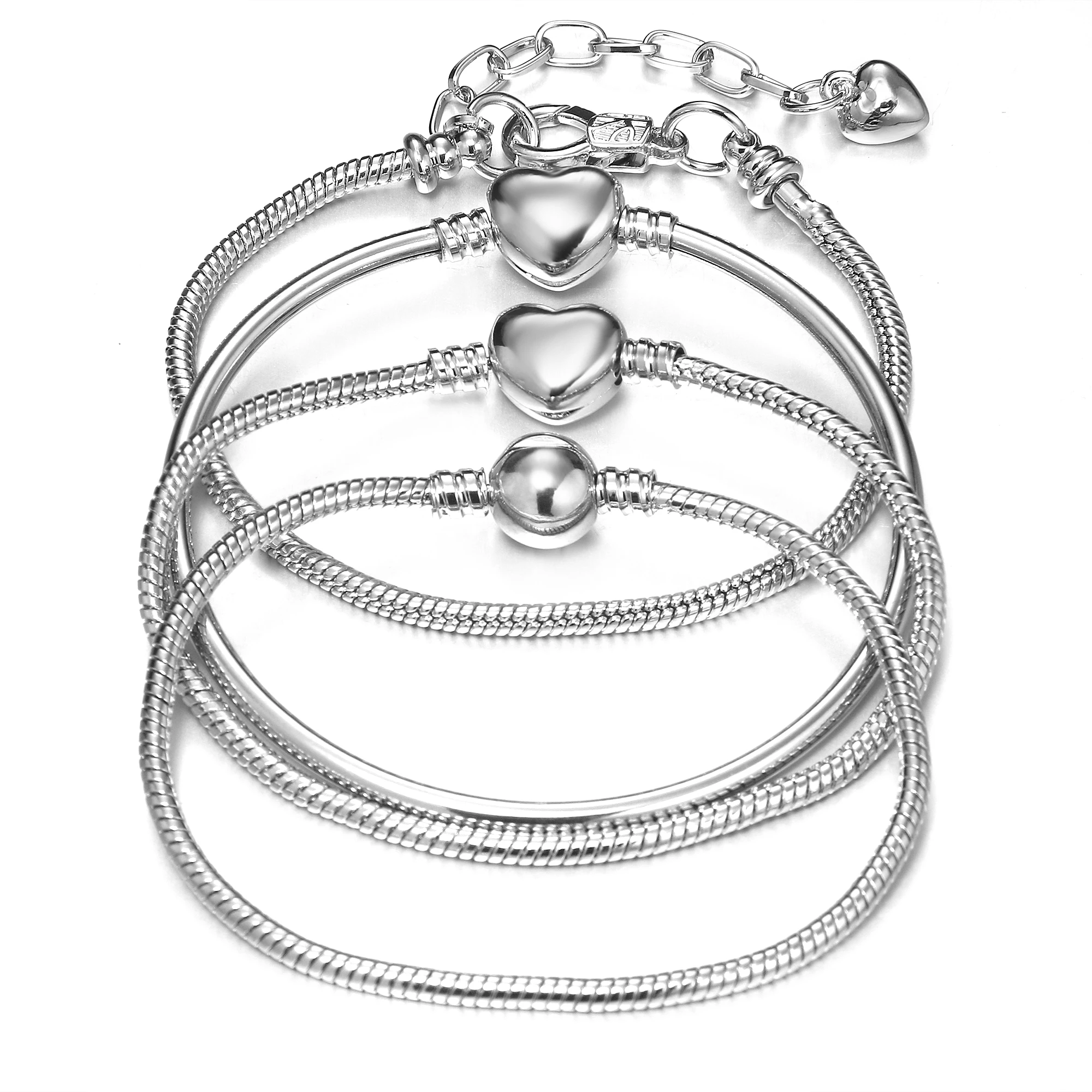 Silver Snake Chain Bracelets Chain Extender Lobster Round Heart Clasp Jewelry Making Adjustable Men Women Gift