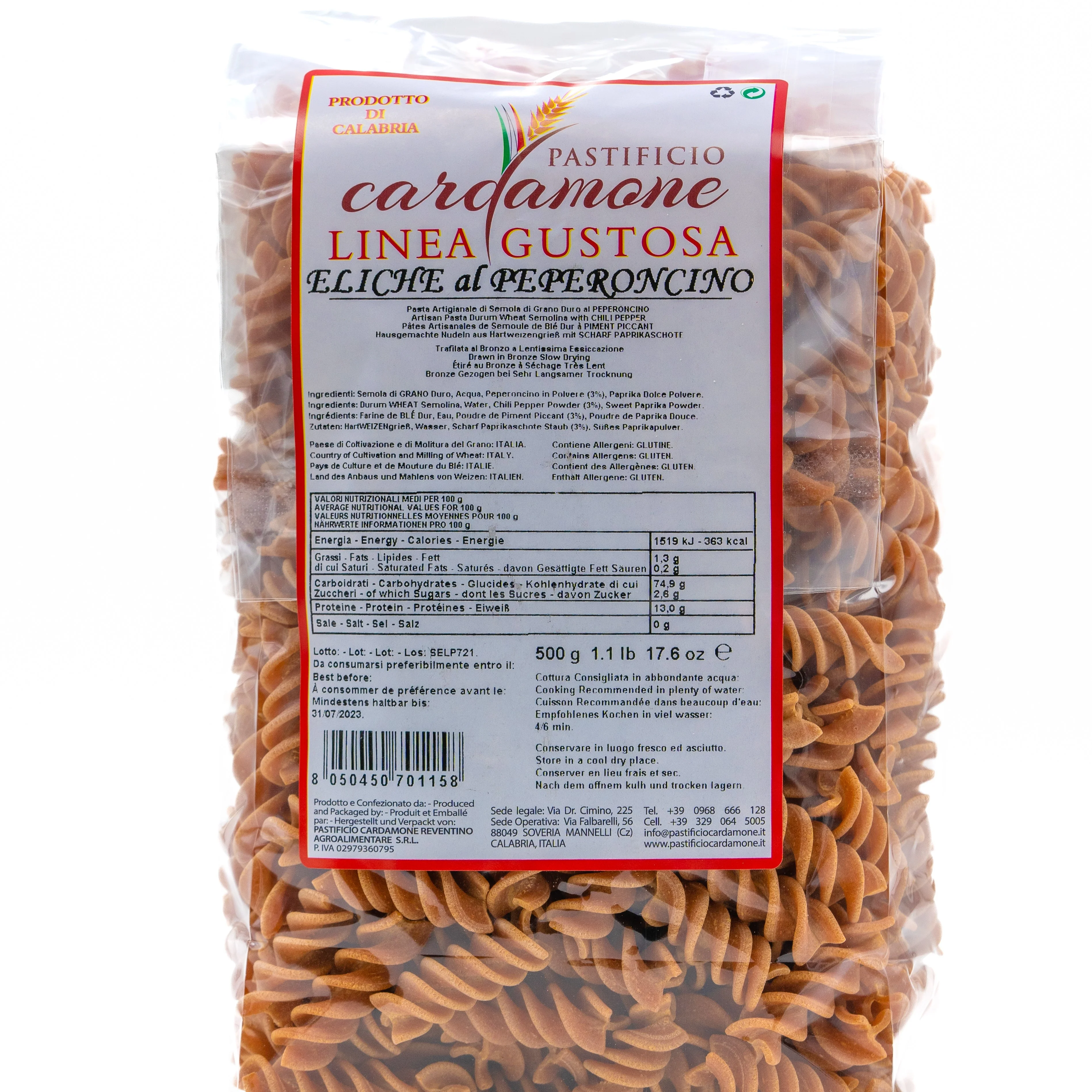 Made in Italy CHILI ELICHE PASTA handcrafted premium quality organic (500 GR) Cardamone factory ancient recipe