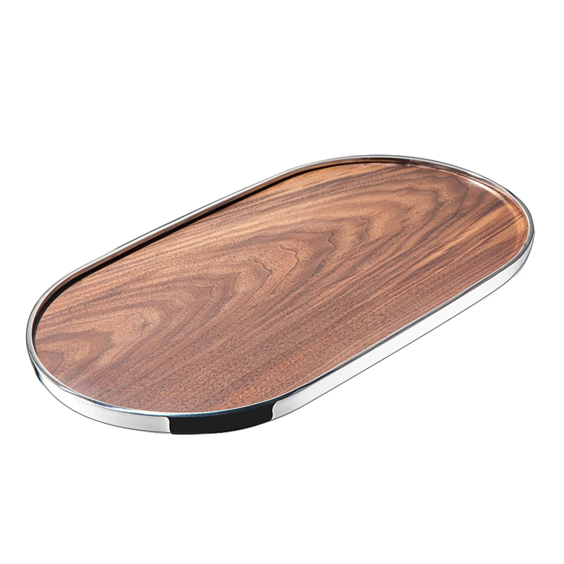 Hotel serving Tray customised light luxury 304 stainless steel round silver tray High-grade walnut wood hotel storage tray