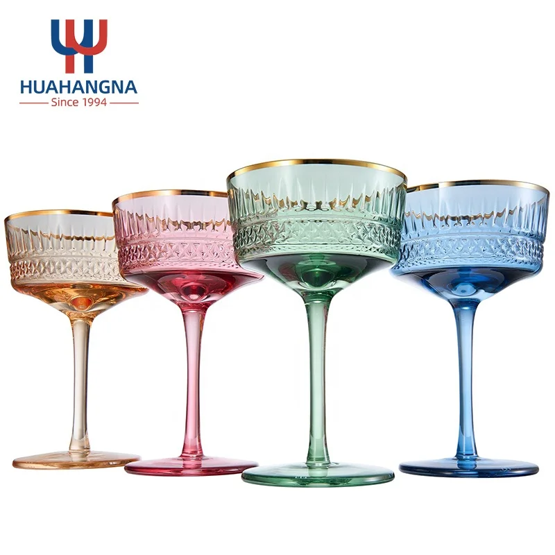 9.5 oz Modern Goblet Cocktail Glassware Party Gold Rim Vintage Pastel Coupe Glasses for Champagne Martini Cocktails