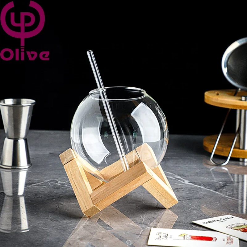 Custom Wedding Couple Bar Restaurant Hand Blown High Borosilicate Glass Wooden Stand Clear Round Orb Moon Verre Cocktail Glasses
