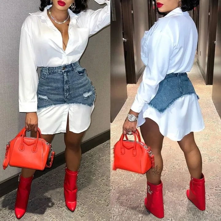 Hot Sell White button down custom plus size long sleeve loose ladies mini Casual Ripped Denim Skirt Shirts  Dresses For Women