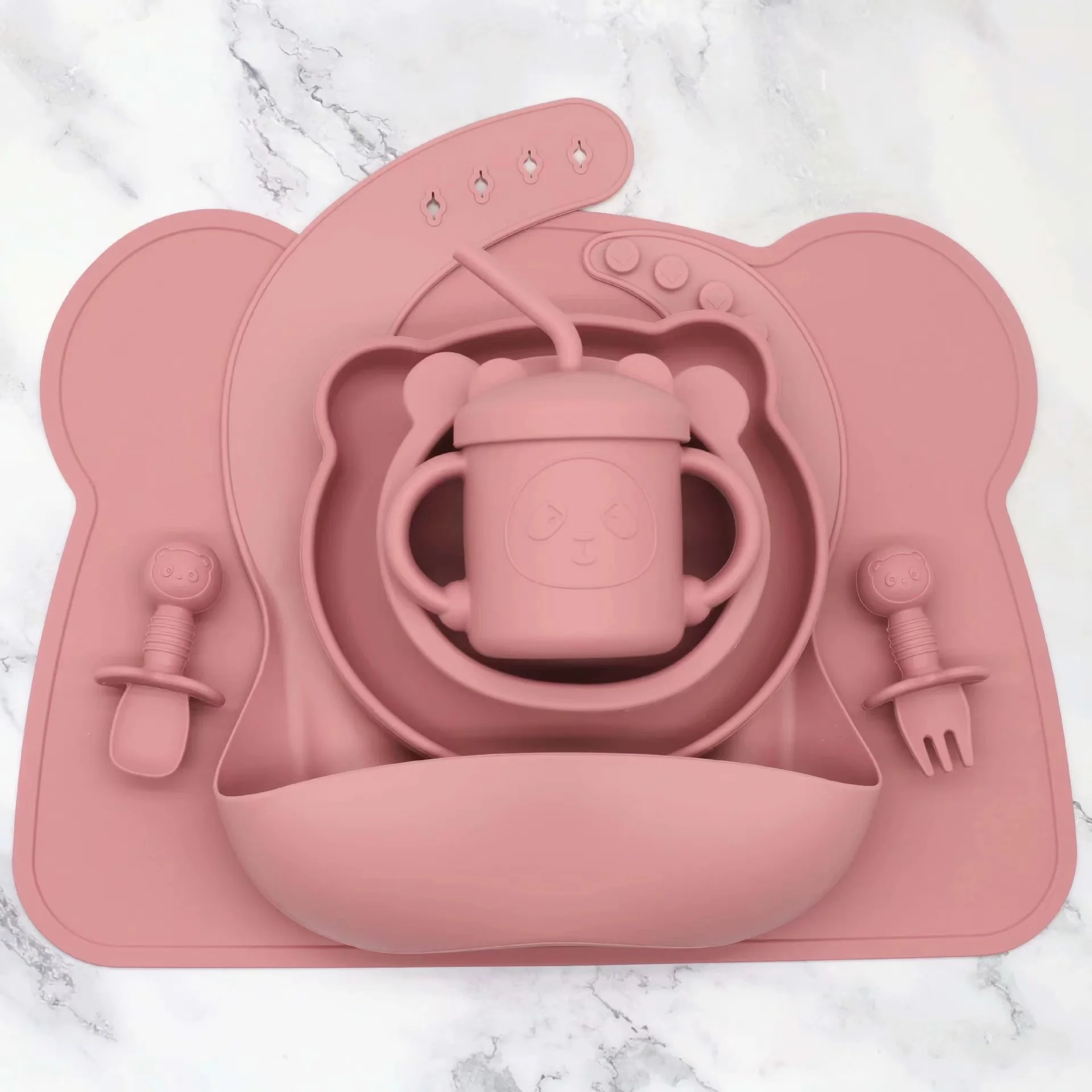 New Arrival Eco-friendly 7 Pcs High Quality Silicone Bib Suction Panda Plate Bowl Spoon Fork And Cat Straw Cup Tableware Set