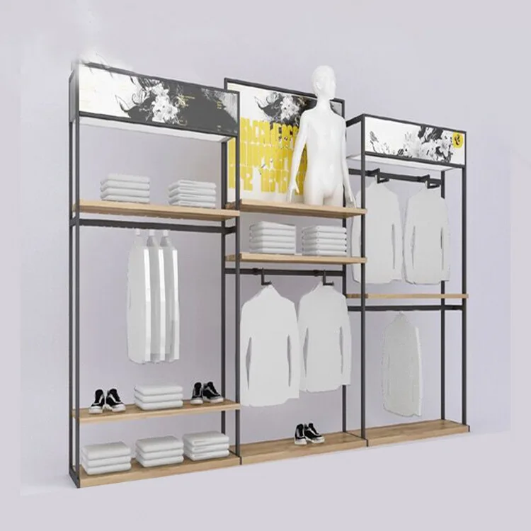 Adjustable Black Metal and Wood Wall Retail Display Cloths Rack For Garment Shops with Hanger Bar and Shelves
