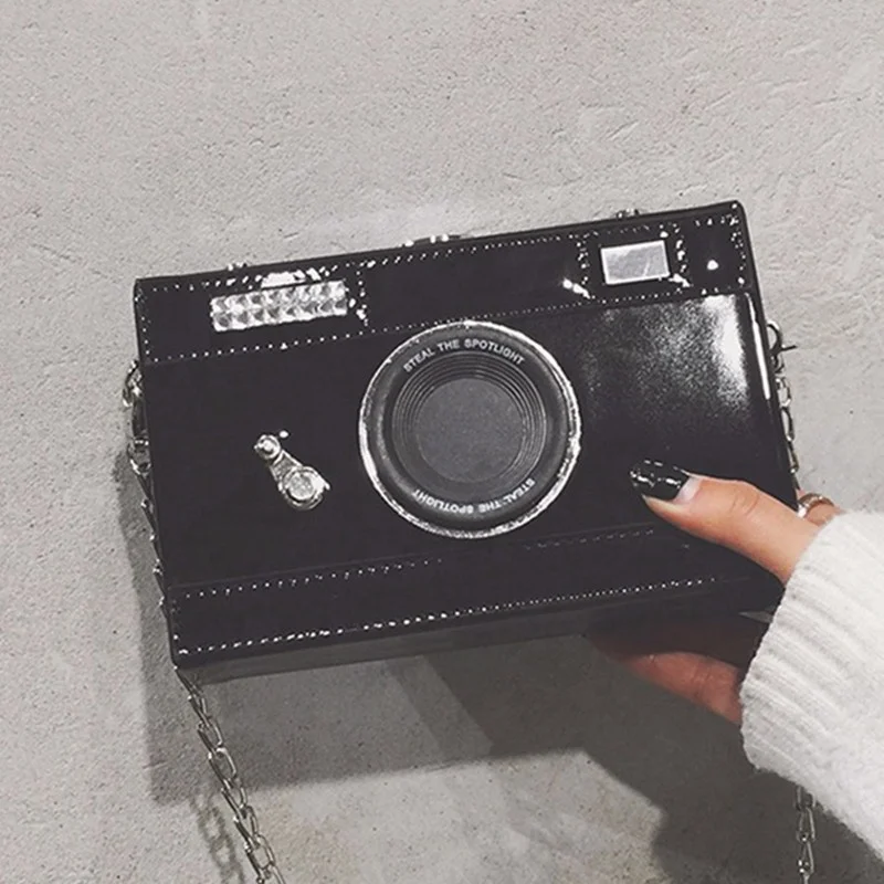 Fashion Personality Camera Removable Silver Chain Strap Zipper Mirror Leather Sling Mini Messenger Cross Body Clutch Bags