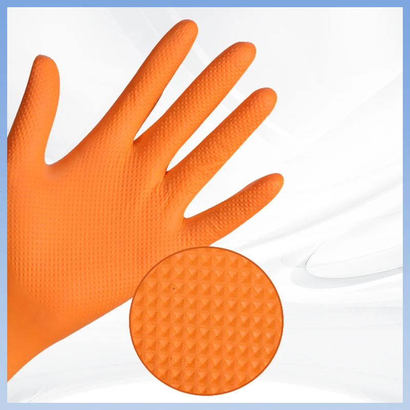 Manufacturers Beauty Salon Orange 100pcs Nitrile Gloves Per Box Powder Free Synthetic Diamond Textured Nitrile Gloves