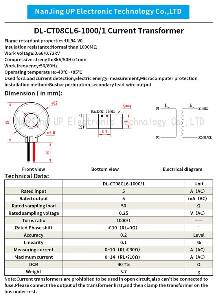 DL-CT08CL6 1000/1 Measuring Range 0~10A Toroidal Transformers Accuracy 0.2 Class Good Quality Micro AC Current Transformer