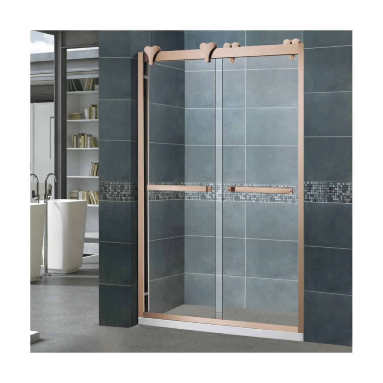 Luxury Rose Golden Stainless Steel With Frame Aqua Glass Sliding Shower Door