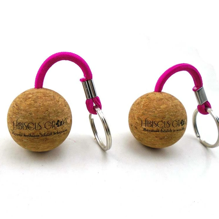 custom logo 50mm 35mm round 3d ball key ring with cork ball key ring holder cork wood keychain cork keychain