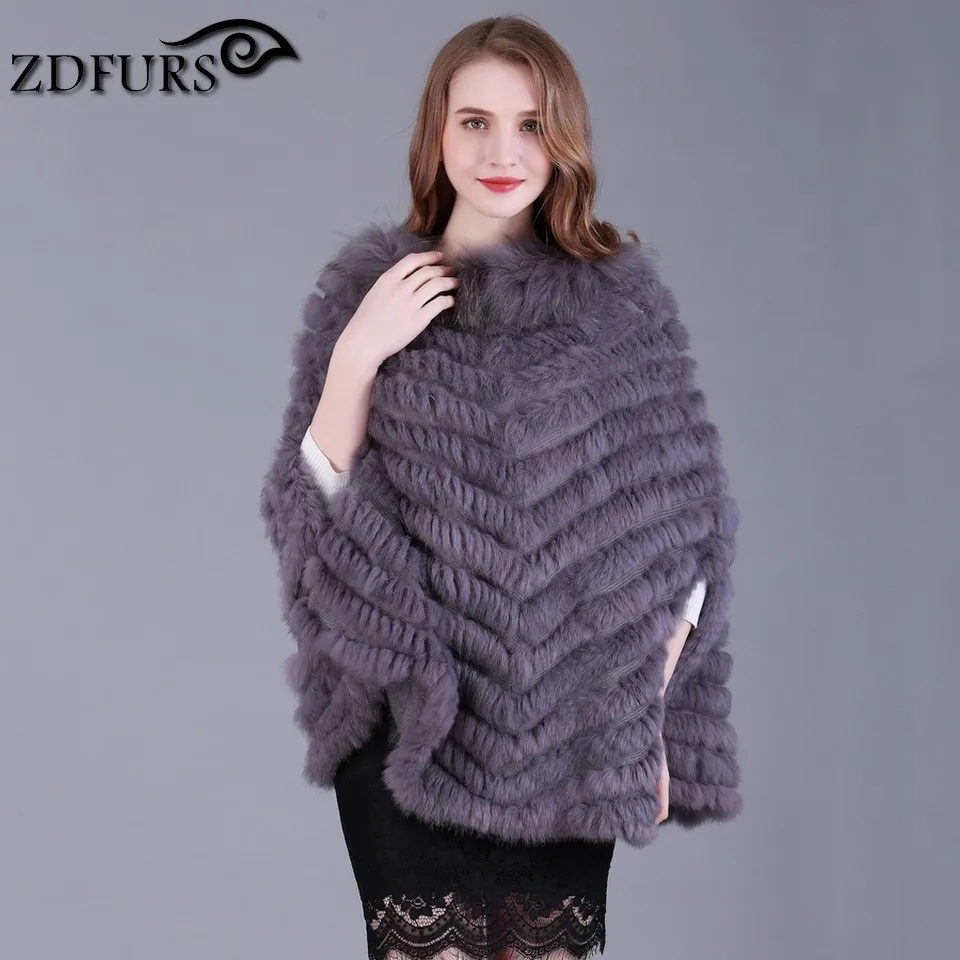 ZDFURS * new fashion real rabbit fur Shawl knitting rabbit fur poncho stole shrug cape robe tippet amice wrap raccoon fur trim