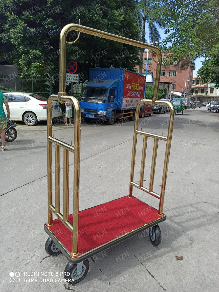 Wholesale Modern Hotel Lobby Bellman Luggage Carrier Trolley New Design Gold Titanium Serving Trolley Supplies for Hotels
