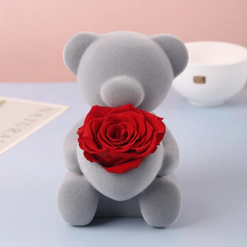 2022 Wholesale decorative flowers Forever rose bear Natural Eternal Preserved Flocking teddy for Valentines day gift