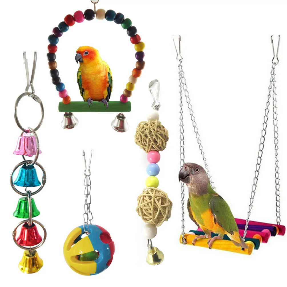 Bird Parrot Swing Chewing Toys, Hanging Bell Pet Bird Cage Hammock Swing Toy Wooden Perch Chewing Toy for Small Parrots