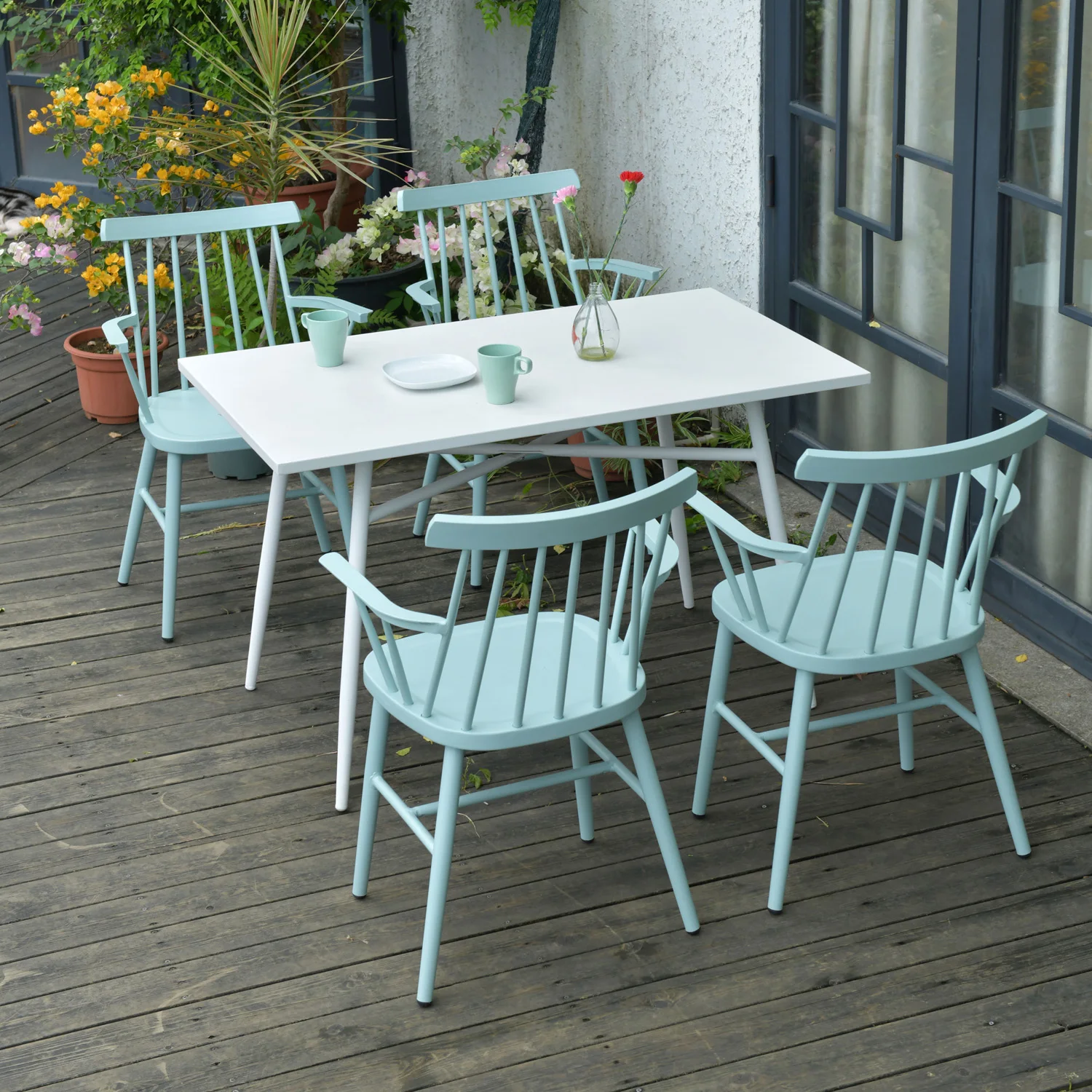 light blue L120xW70xH73 rectangular carbon steel table sets aluminum chairs relaxed meta outdoor garden furniture
