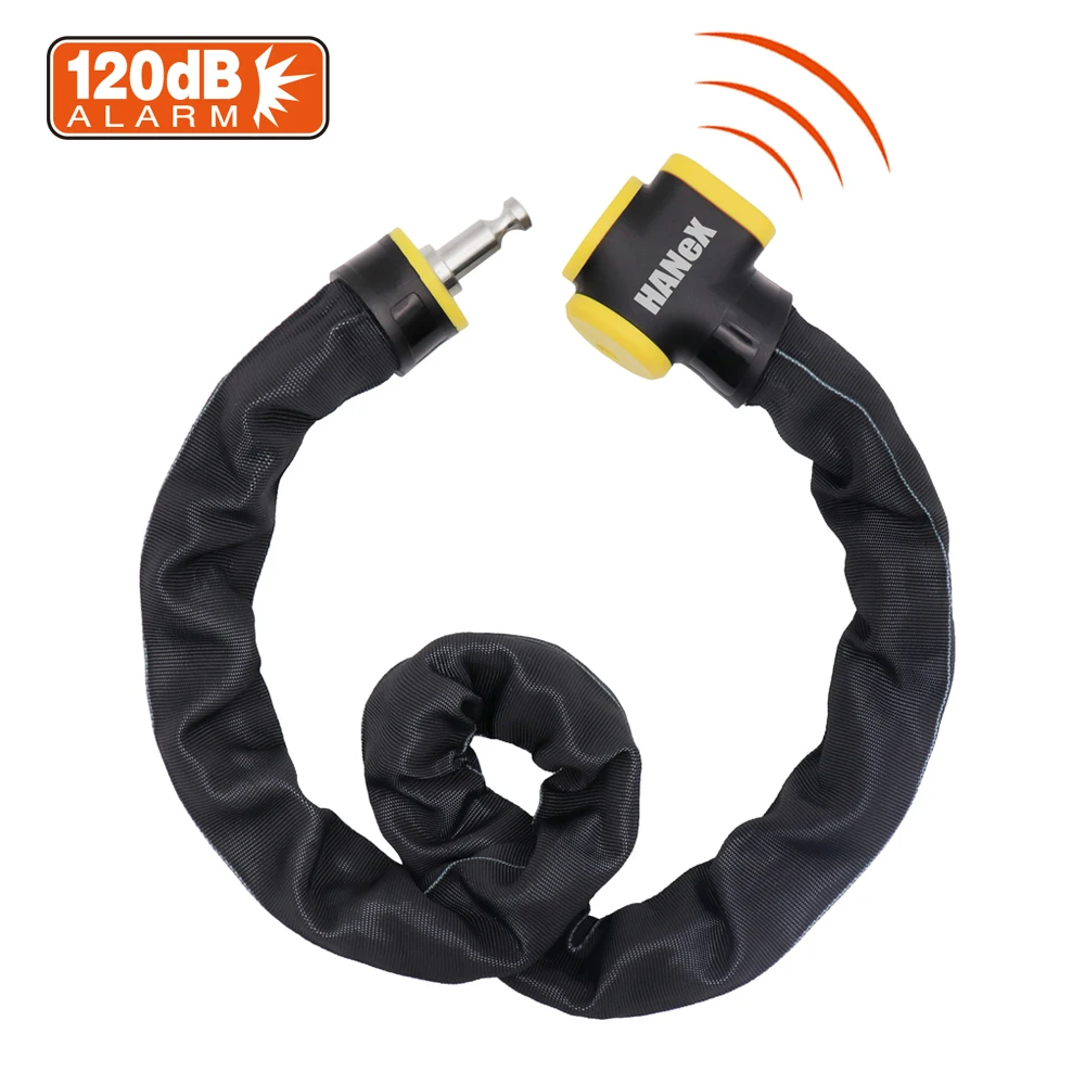 Замок цепи сигнализации 120 дБ, сирена для велосипеда/мотоцикла, прочный, нержавеющая сталь, черный нейлоновый рукав, экономичный замок цепи