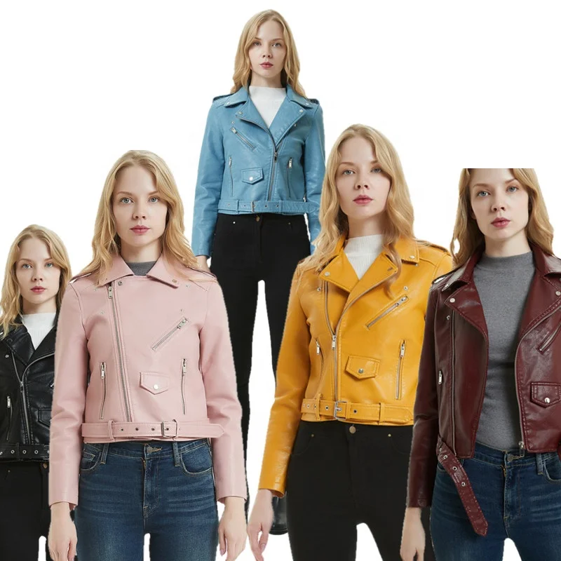 Euro-American Style Zipper Pocket Trim Real Leather Jacket Brief Lapel Women Leather Jacket