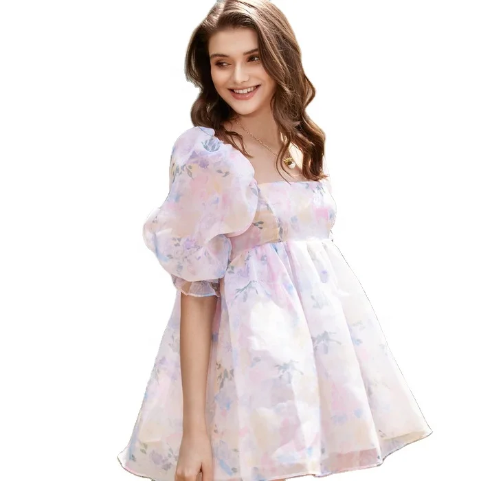 2022 Hot Sale Women Cheap Elegant Flower Printed Organza Mini Dress Ins Hot Young Girls Puff Sleeve Purple Princess Cute Dresses