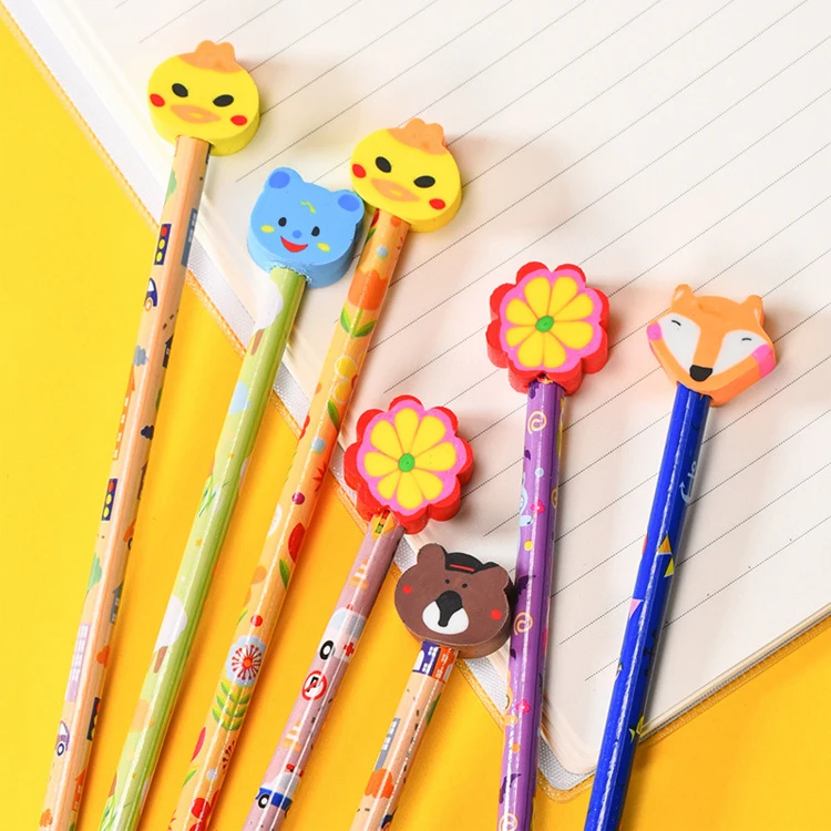 2pcs/pack Cartoon animal head Non-toxic wooden pencils for school students writing prize HB for drawing