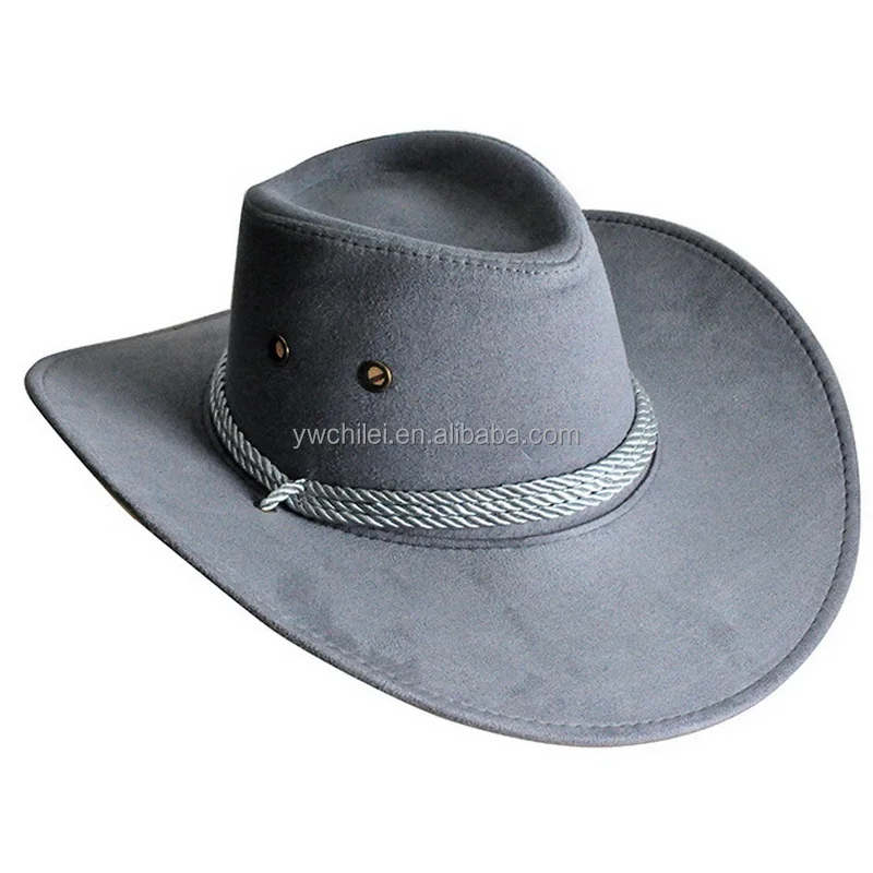 Mens Faux Felt Western Cowboy Hat Fedora Outdoor Wide Brim Hat with Strap