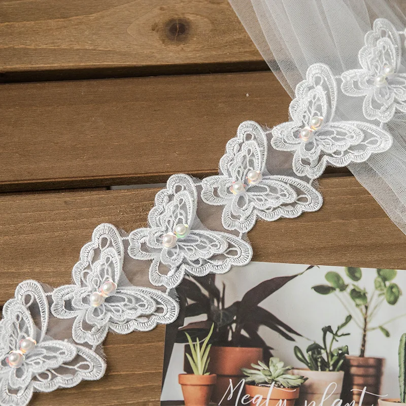 Pearl Embroidered Organza Lace Trim Ribbon Applique Fabric Handmade Diy white  Butterflies for Wedding Dress Sewing Craft