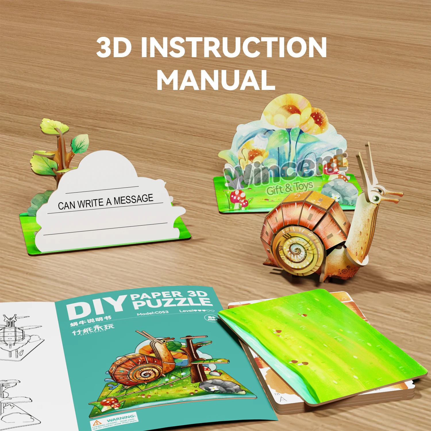 Wincent Wooden Craft Animal Assemble Toys C051 Snail Model Desktop Decoration DIY 3D Puzzles